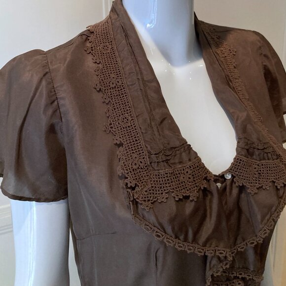 Lucky brand button front lace trim silk blouse Sz M square collar flutter sleeve - Picture 7 of 14